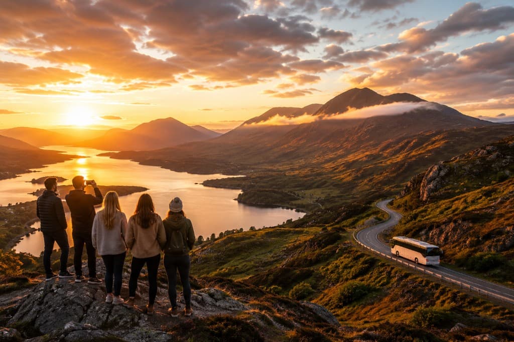Group of travellers overlooking a Scottish loch at sunset with a coach on a highland road