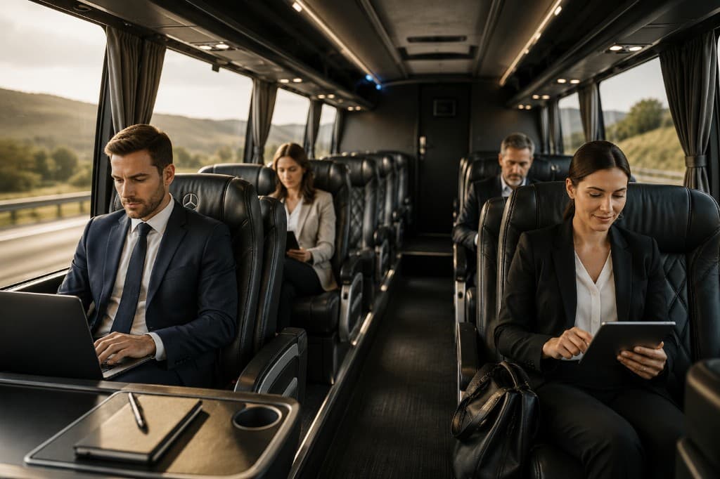 Professionals working in a luxury executive coach interior during corporate group travel