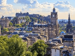 Edinburgh skyline with Edinburgh Castle, the Balmoral clock tower and the Scott Monument