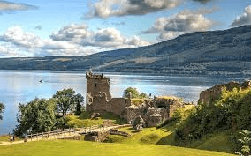 Urquhart Castle ruins on the shore of Loch Ness in the Scottish Highlands