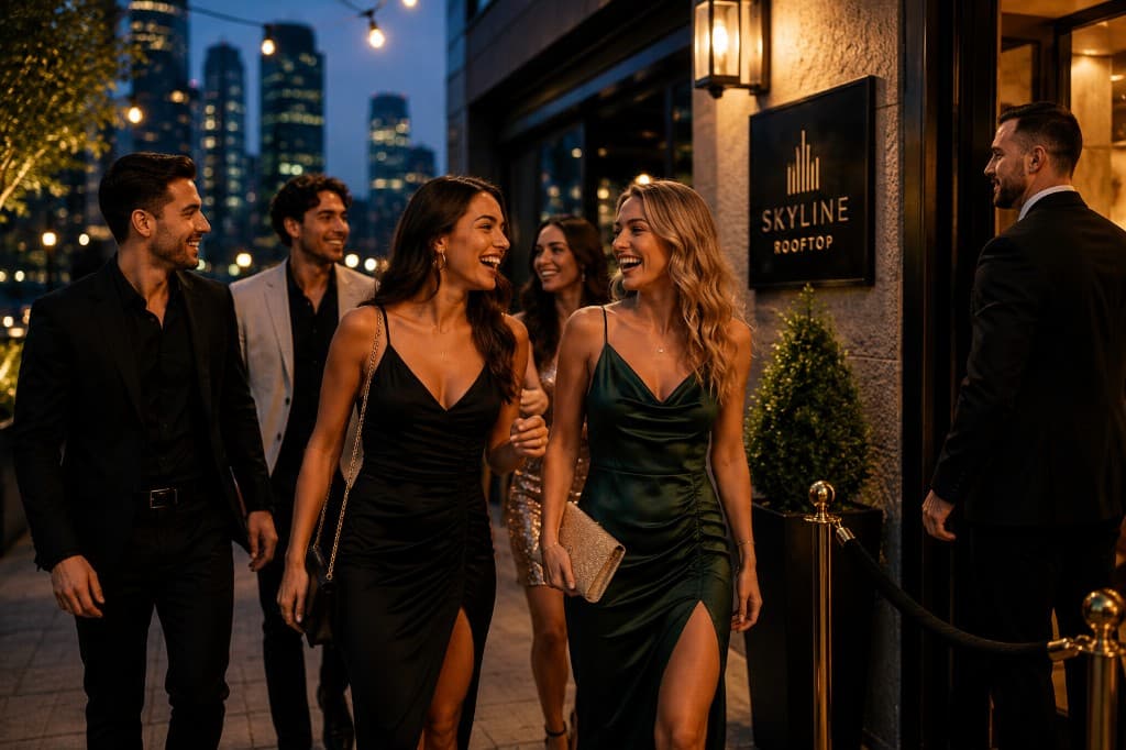 Group in evening wear arriving at a premium rooftop venue for a night out celebration