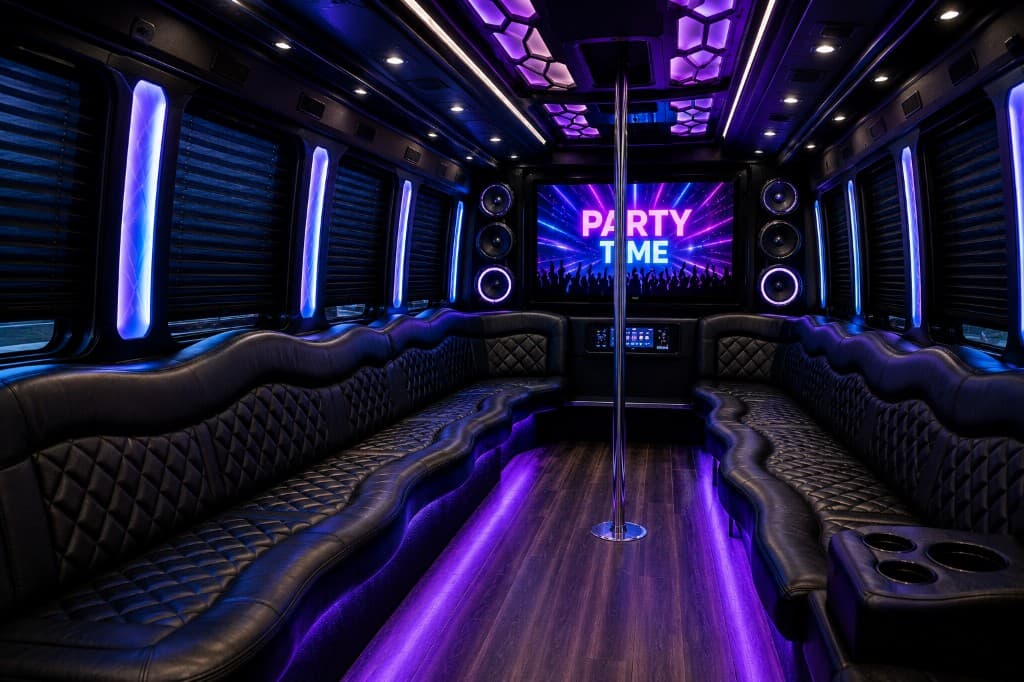 Luxury party bus interior with ambient lighting