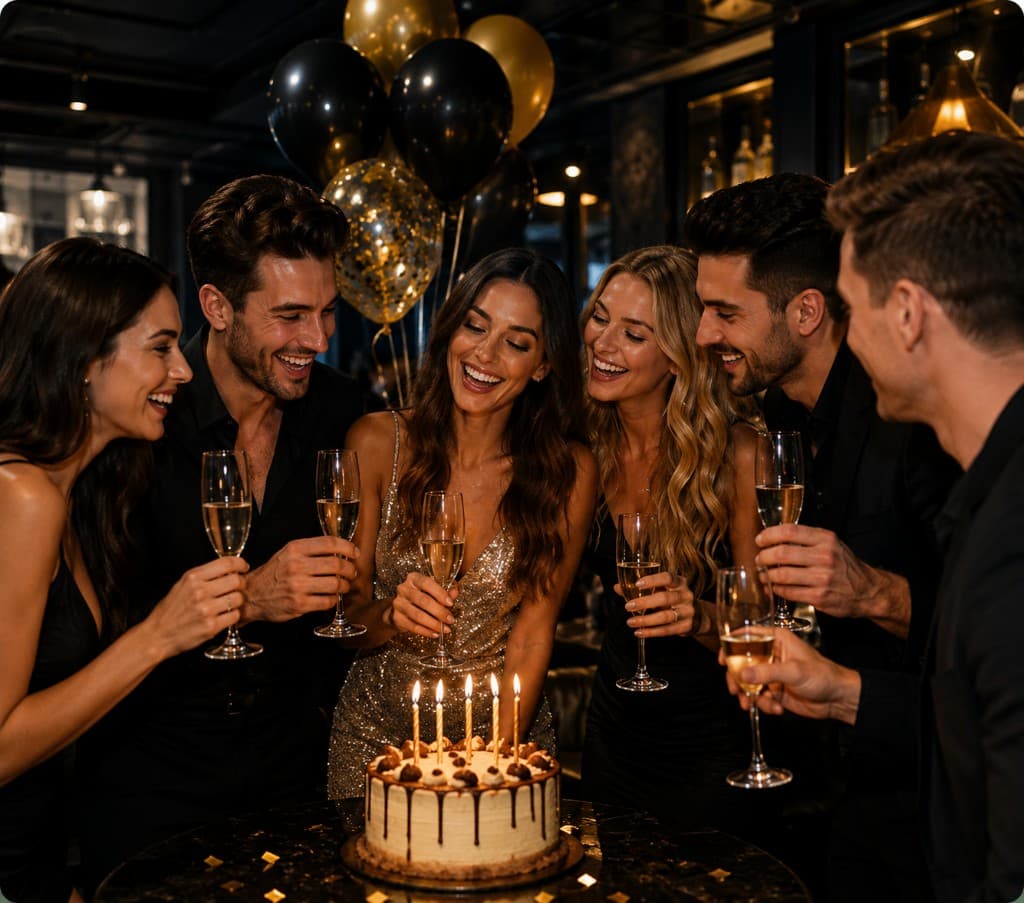 Group celebrating a birthday with cake, champagne and balloons in an elegant venue