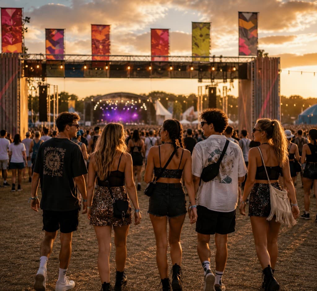 Friends walking towards a music festival main stage at golden hour