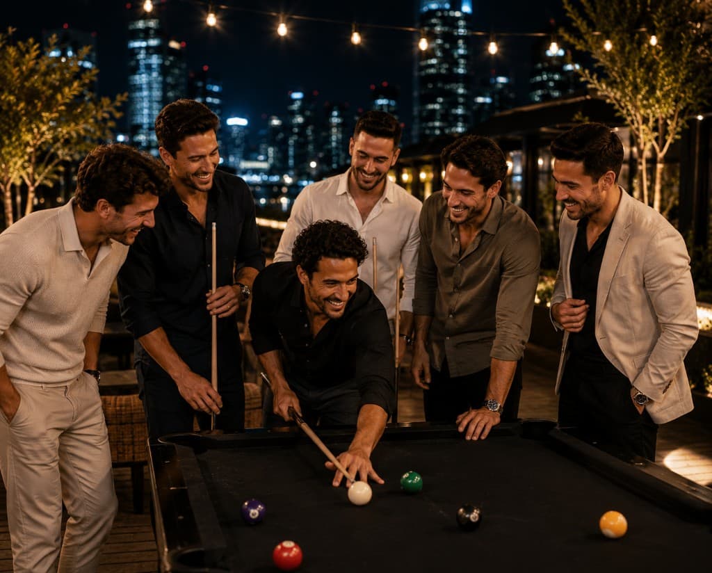 Stag group enjoying a night out on a rooftop terrace with city skyline views