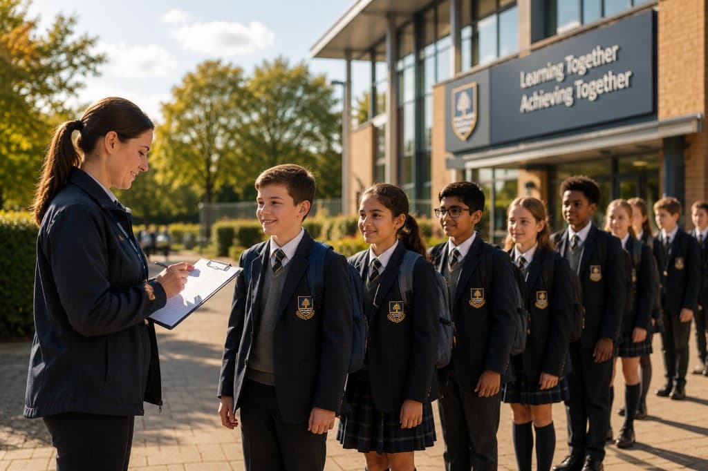 School staff member with clipboard and pupils in uniform waiting outside a school building