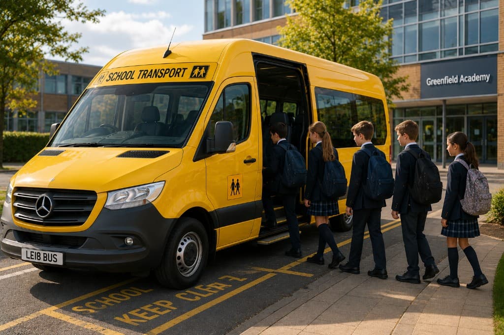 School minibus with pupils boarding safely
