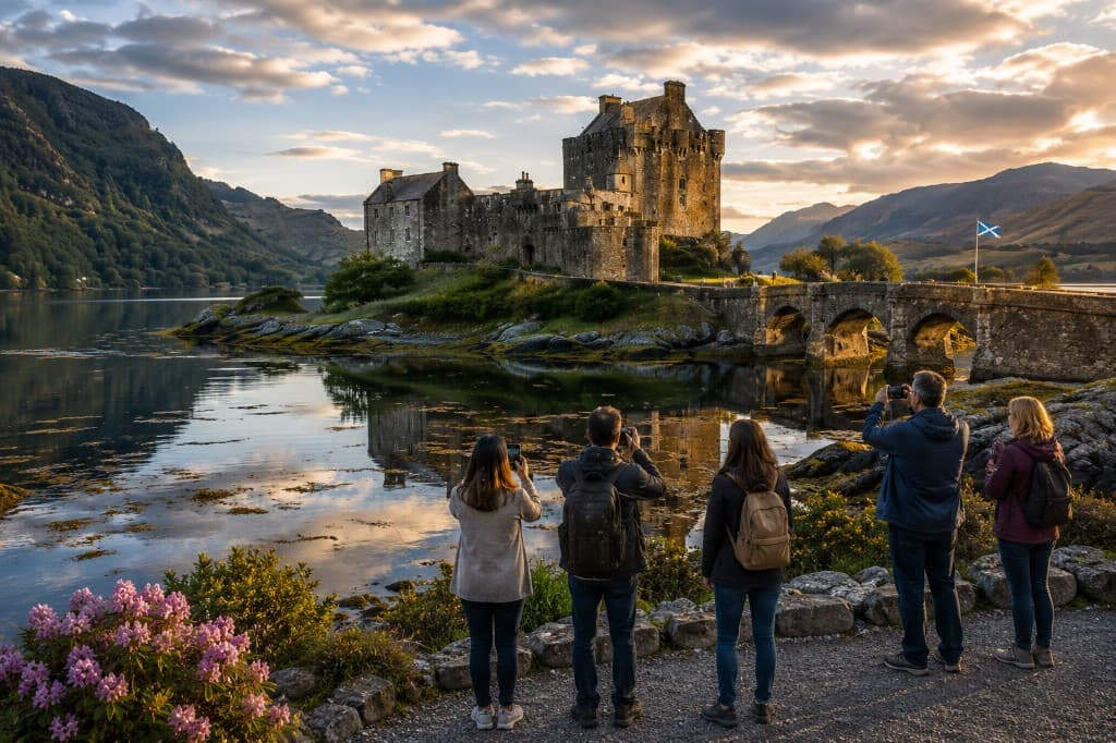 Tourists photographing Eilean Donan Castle from the loch shore at golden hour
